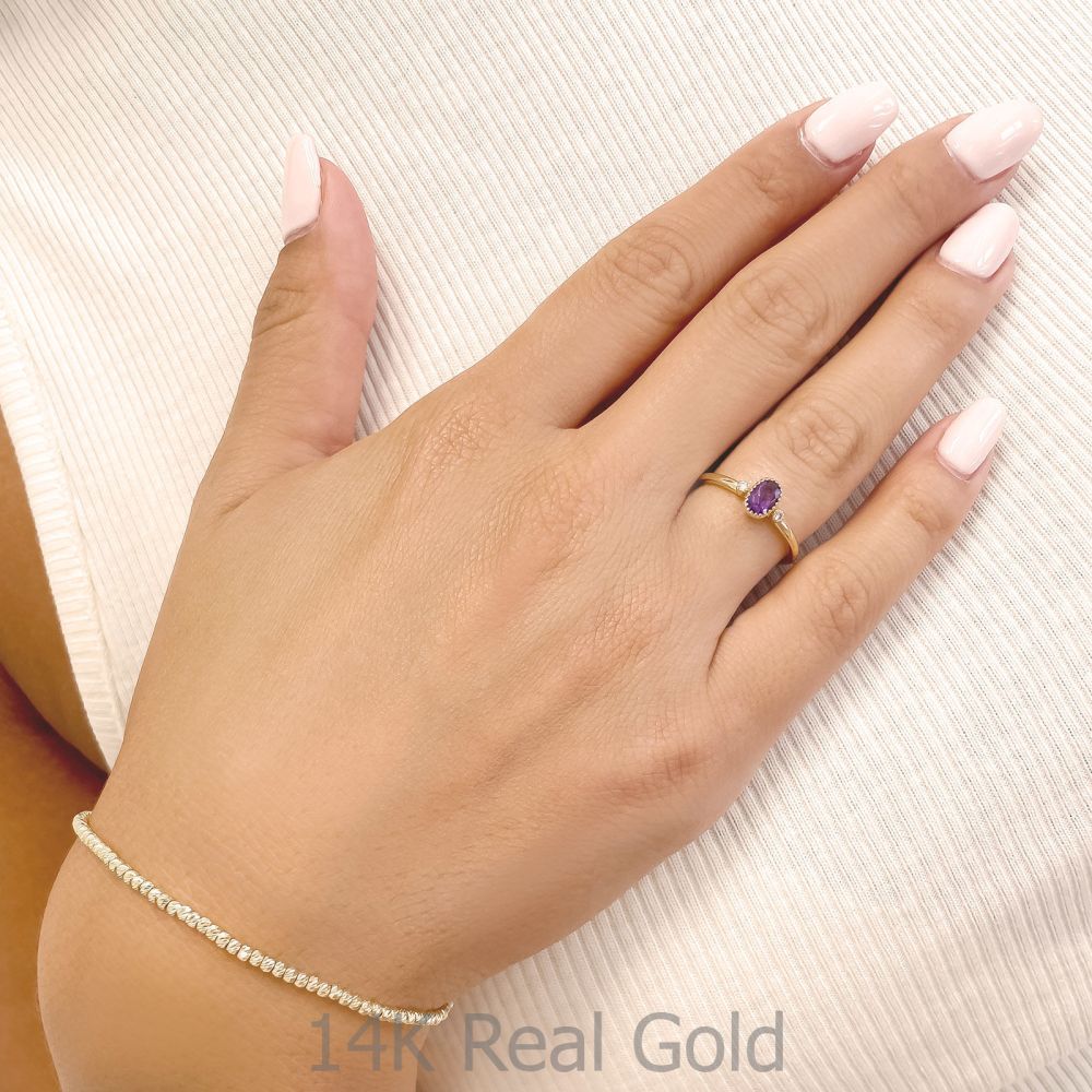 טבעות זהב | טבעת יהלומים ואבן חן אמטיסט מזהב צהוב 14 קראט  - סאנסה 