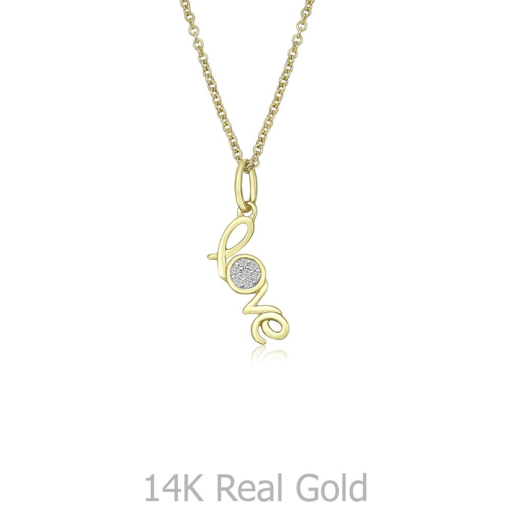 תכשיטי זהב לנשים | תליון ושרשרת יהלומים מזהב צהוב 14 קראט - Love