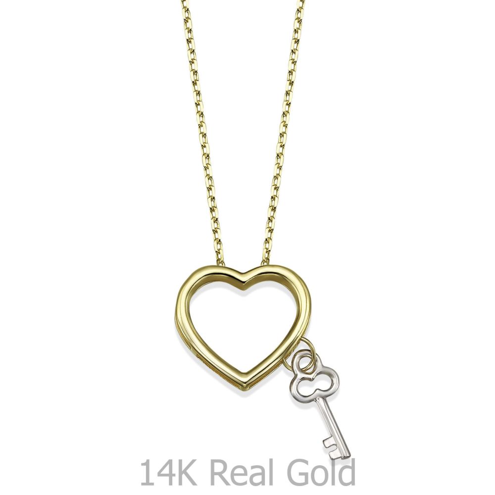 תכשיטי זהב לנשים | שרשרת ותליון מזהב צהוב ולבן 14 קראט - מפתח הלב