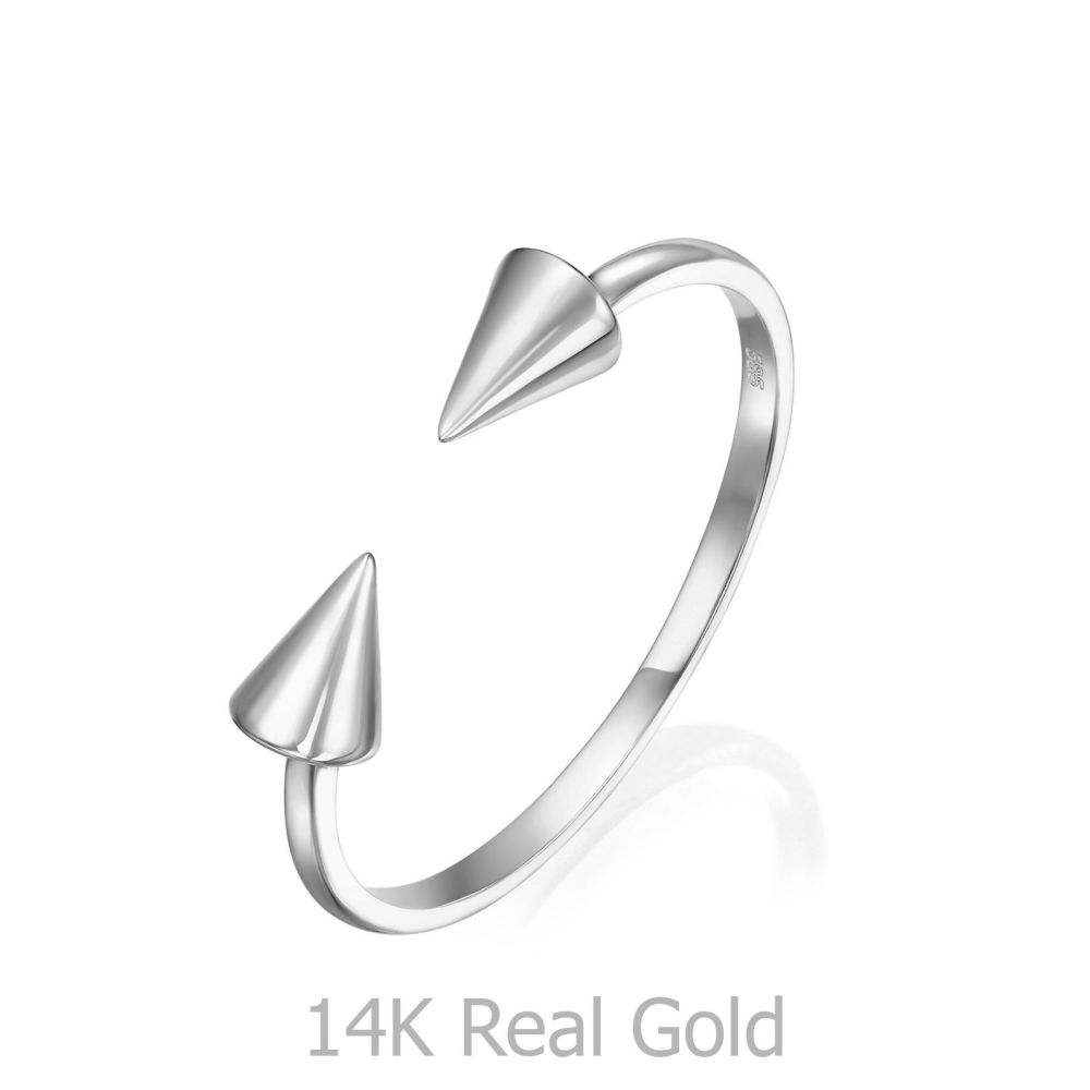 תכשיטי זהב לנשים | טבעת פתוחה מזהב לבן 14 קראט - חצים מסתובבים