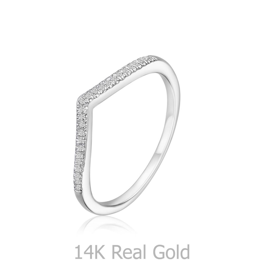 תכשיטי יהלומים | טבעת יהלומים מזהב לבן 14 קראט - וי מנצנץ 