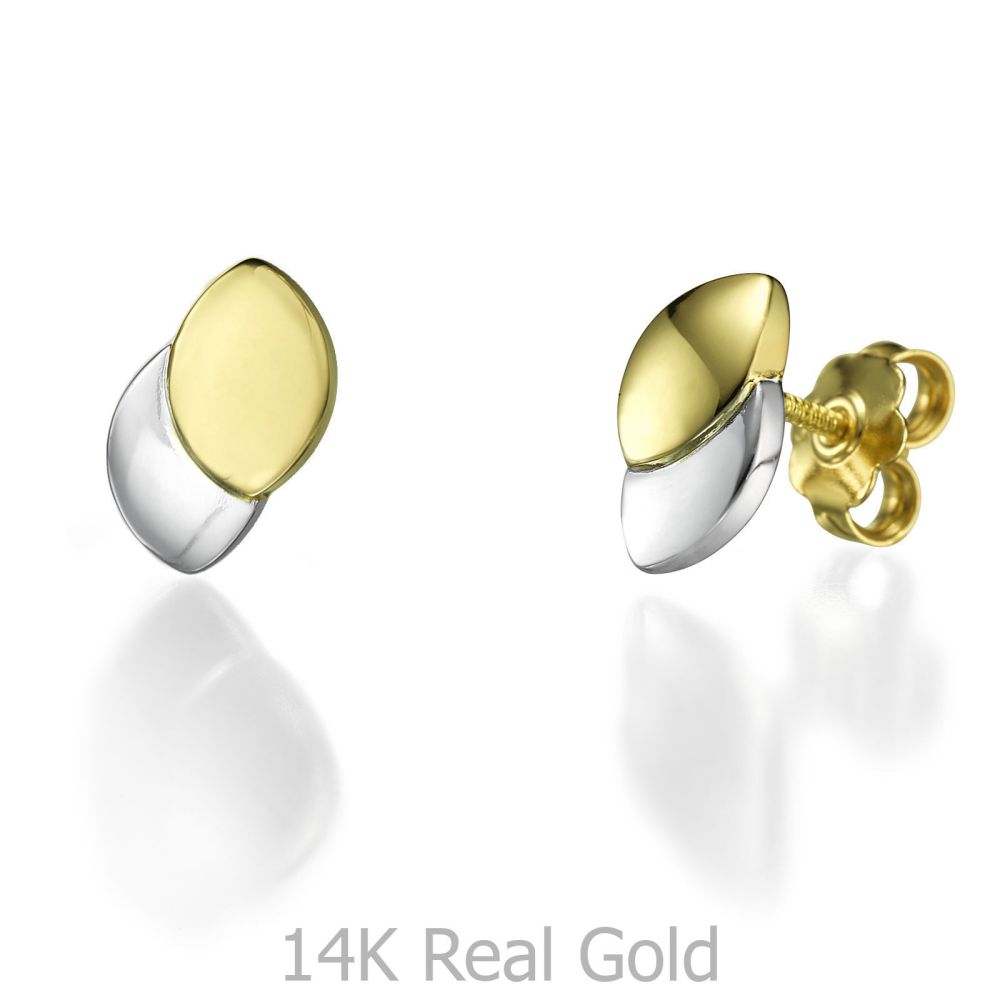 תכשיטי זהב לנשים | עגילים צמודים מזהב צהוב ולבן 14 קראט - נטיפי הזהב