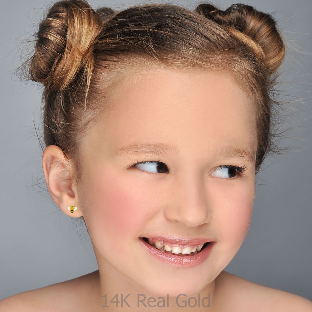 תכשיטים מזהב לילדות | עגילים צמודים מזהב צהוב 14 קראט - דבורה מאיה