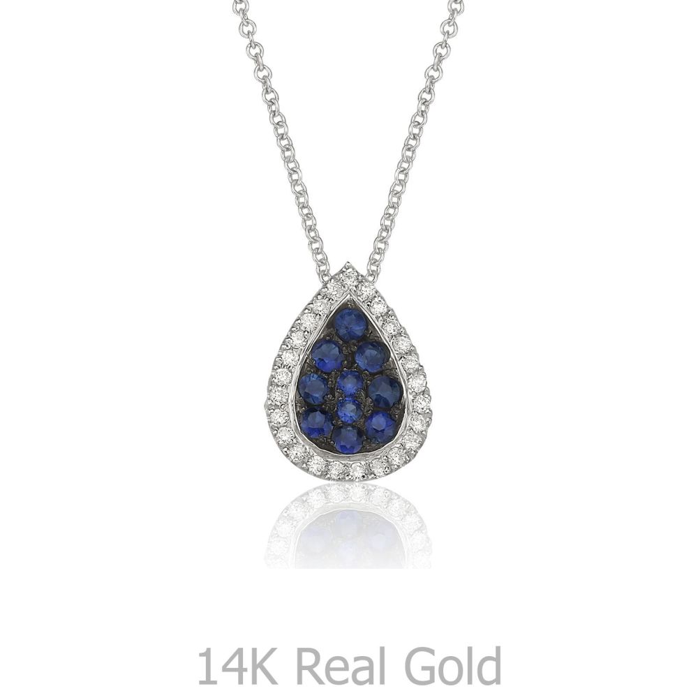 תכשיטי זהב לנשים | תליון ושרשרת יהלומים מזהב לבן 14 קראט - ליב כחולה