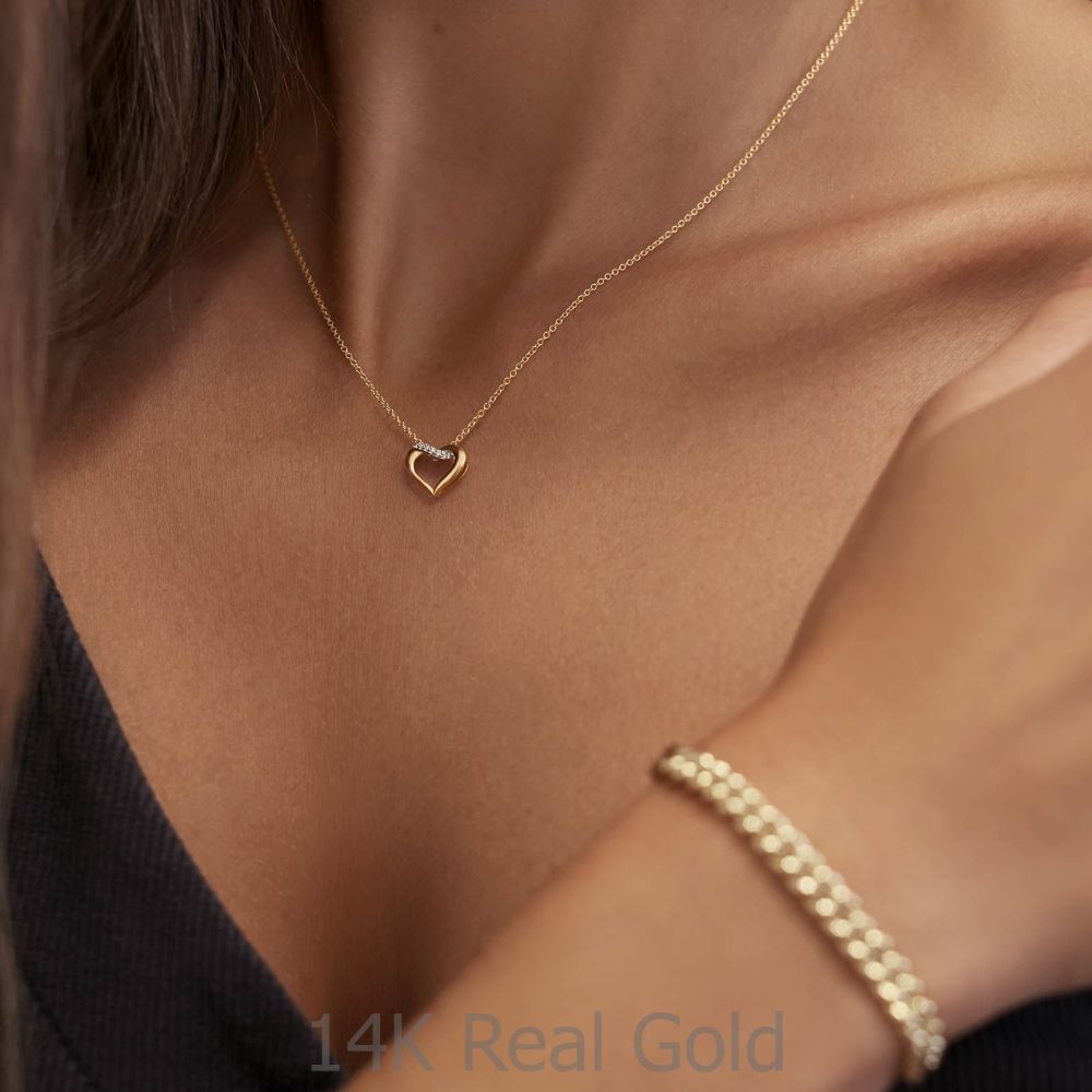 תכשיטי זהב לנשים | תליון ושרשרת יהלומים מזהב לבן 14 קראט - לב נאיה