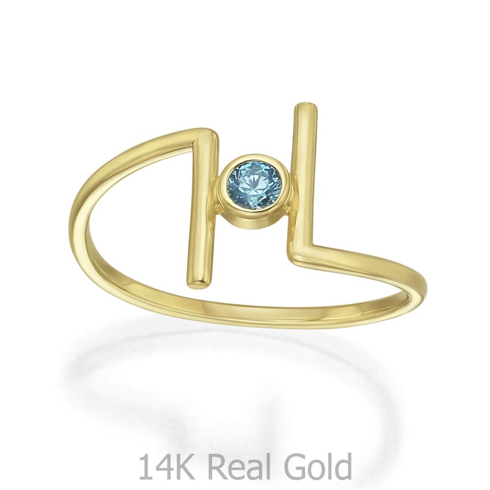 טבעות זהב | טבעת לנשים מזהב צהוב 14 קראט - ריין כחולה