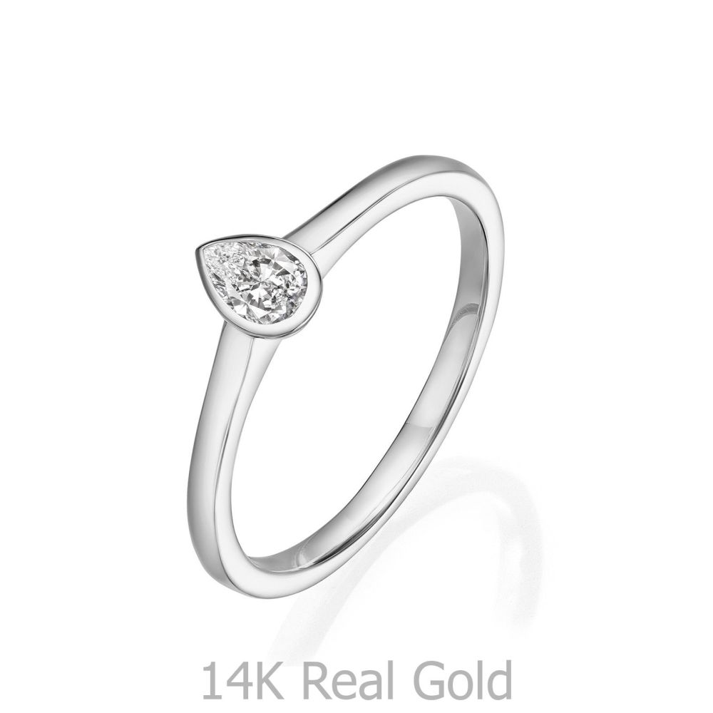 תכשיטי יהלומים | טבעת יהלום טיפה מזהב לבן 14 קראט - טיפה