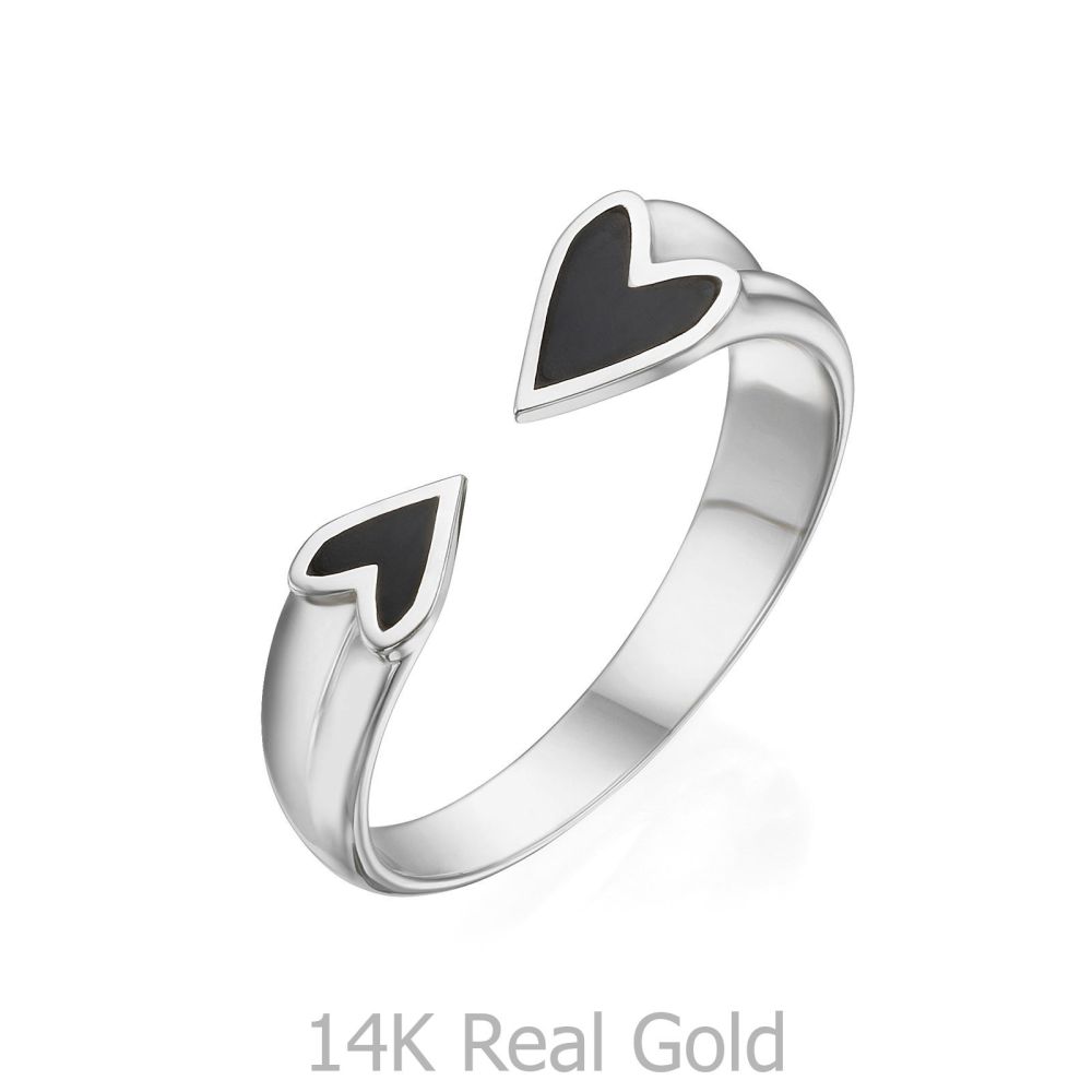 תכשיטי זהב לנשים | טבעת פתוחה מזהב לבן 14 קראט - הלב שלי (שחור)