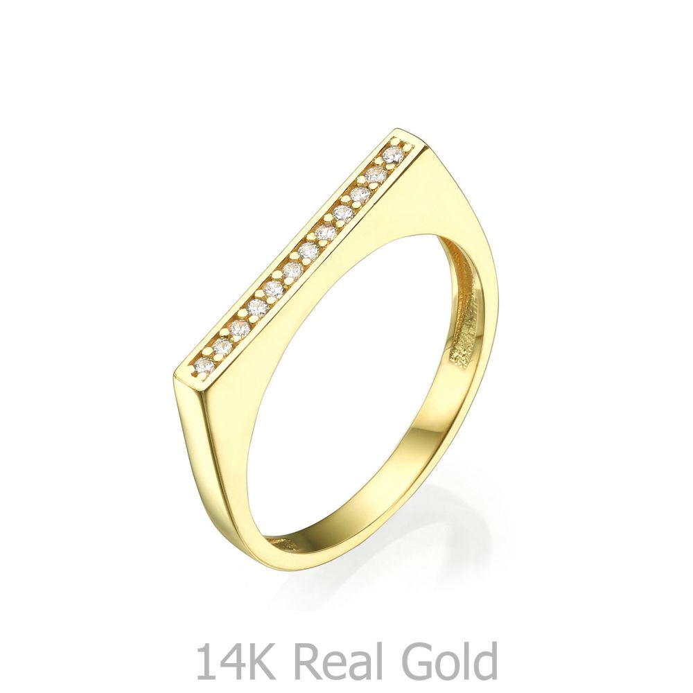 תכשיטי זהב לנשים | טבעת מזהב צהוב 14 קראט - פס זירקונים
