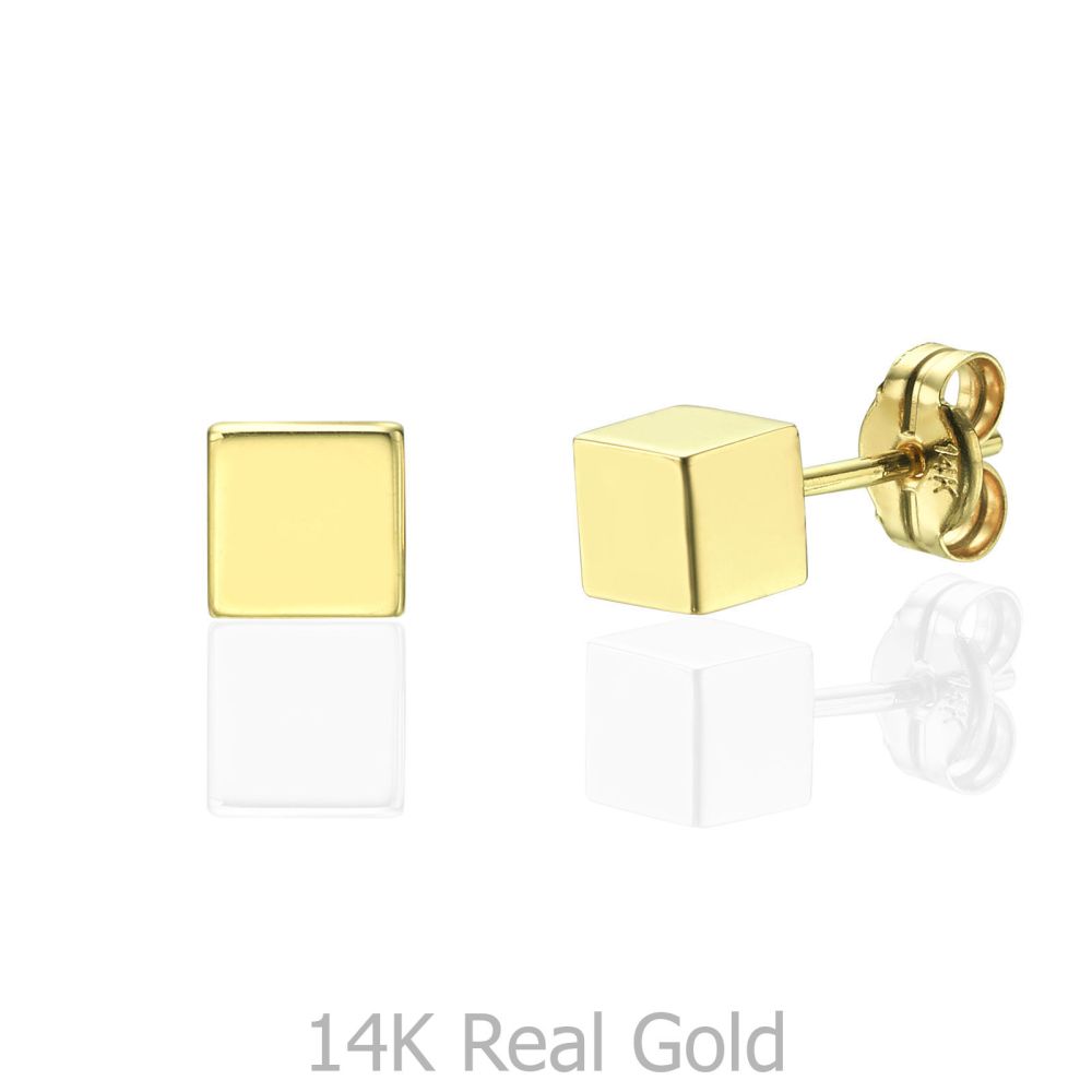 תכשיטי זהב לנשים | עגילים צמודים מזהב צהוב 14 קראט - קוביית הזהב - גדול