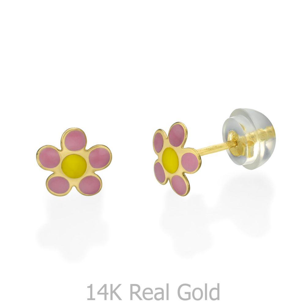 תכשיטים מזהב לילדות | עגילים צמודים מזהב צהוב 14 קראט - פרח רוזטה