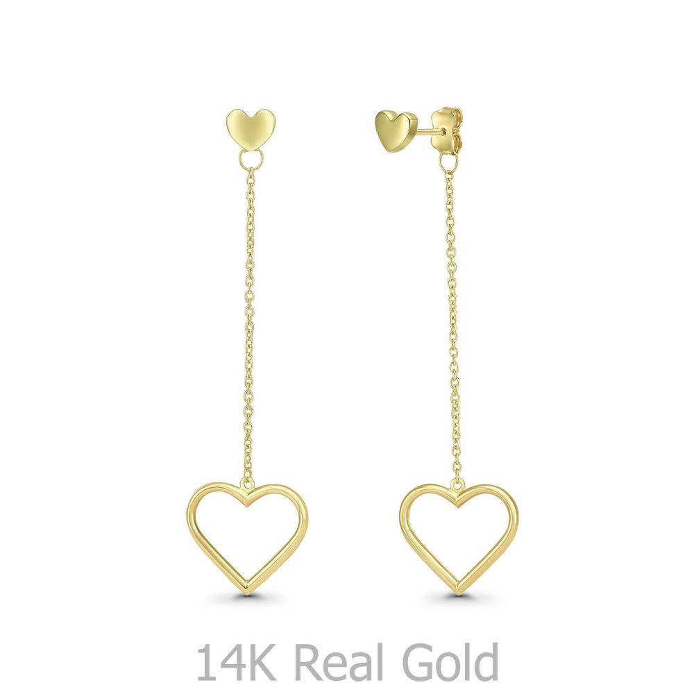 עגילי זהב | עגילים תלויים מזהב צהוב 14 קראט - לבבות תלויים