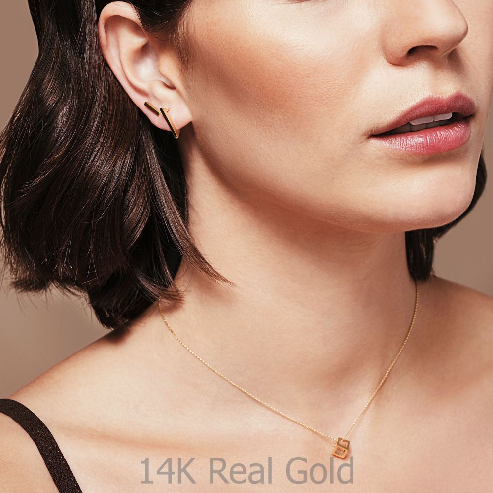 תכשיטי זהב לנשים | עגילים תלויים מזהב צהוב 14 קראט - משולש הזהב