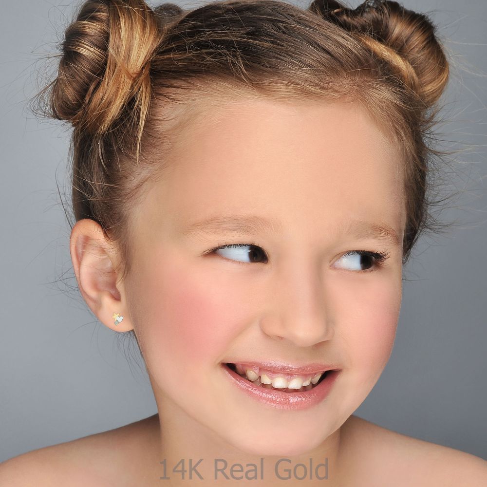 תכשיטים מזהב לילדות | עגילים צמודים מזהב צהוב 14 קראט - כוכב מלבב