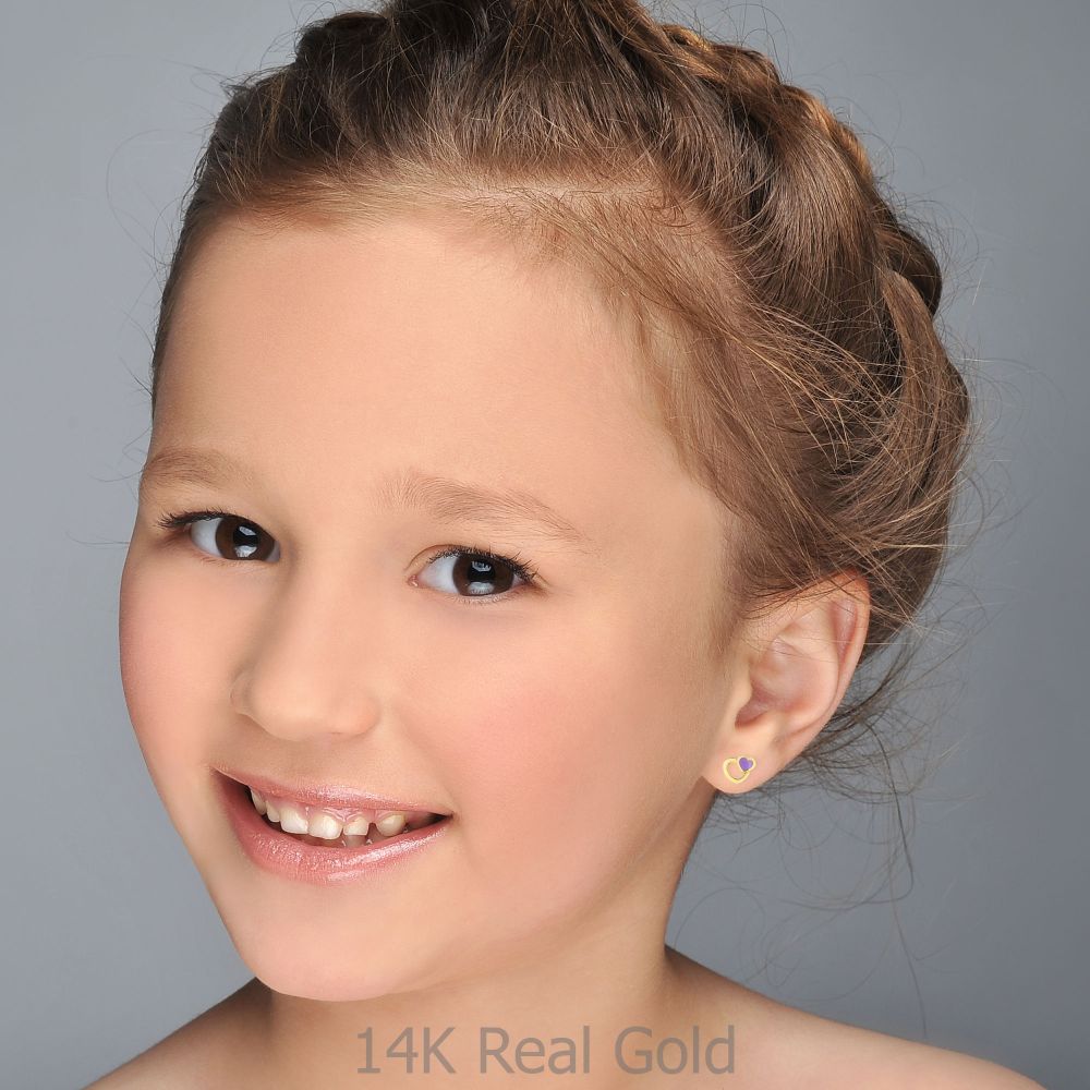 תכשיטים מזהב לילדות | עגילים צמודים מזהב צהוב 14 קראט - לבבות משמחים