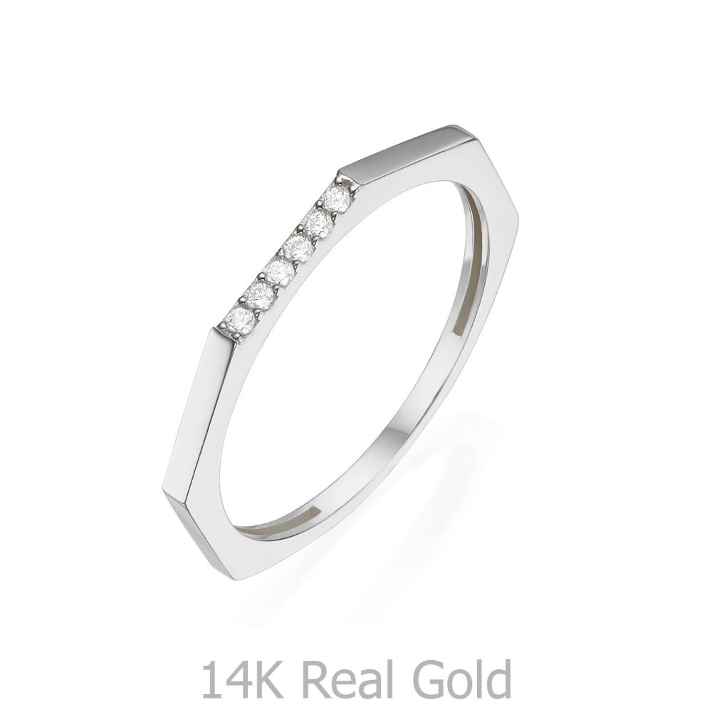 תכשיטי זהב לנשים | טבעת מזהב לבן 14 קראט - מחומש