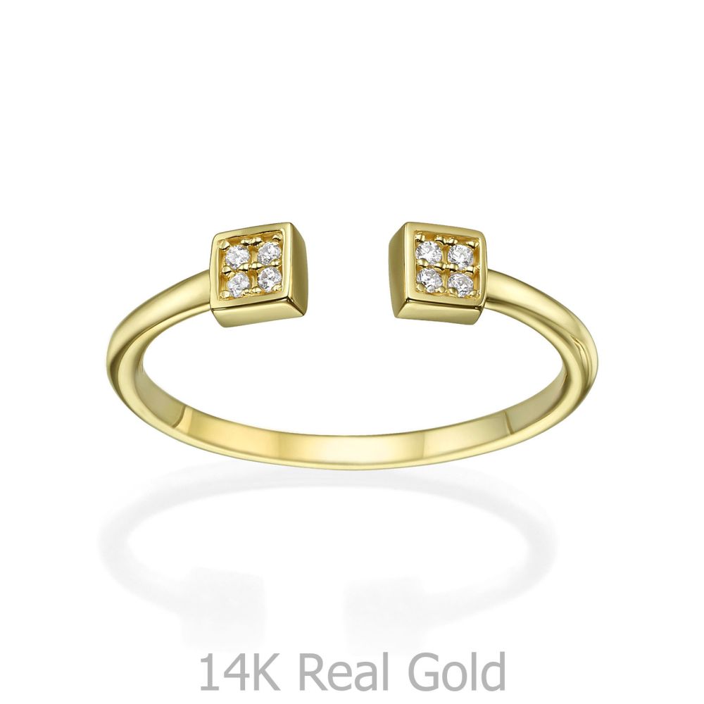 תכשיטי זהב לנשים | טבעת פתוחה מזהב צהוב 14 קראט - ריבועים משובצים