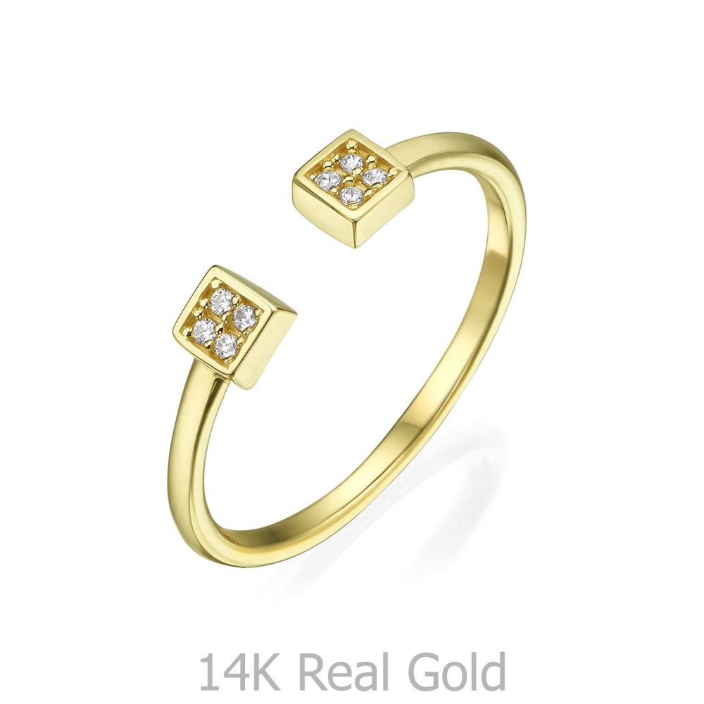 תכשיטי זהב לנשים | טבעת פתוחה מזהב צהוב 14 קראט - ריבועים משובצים