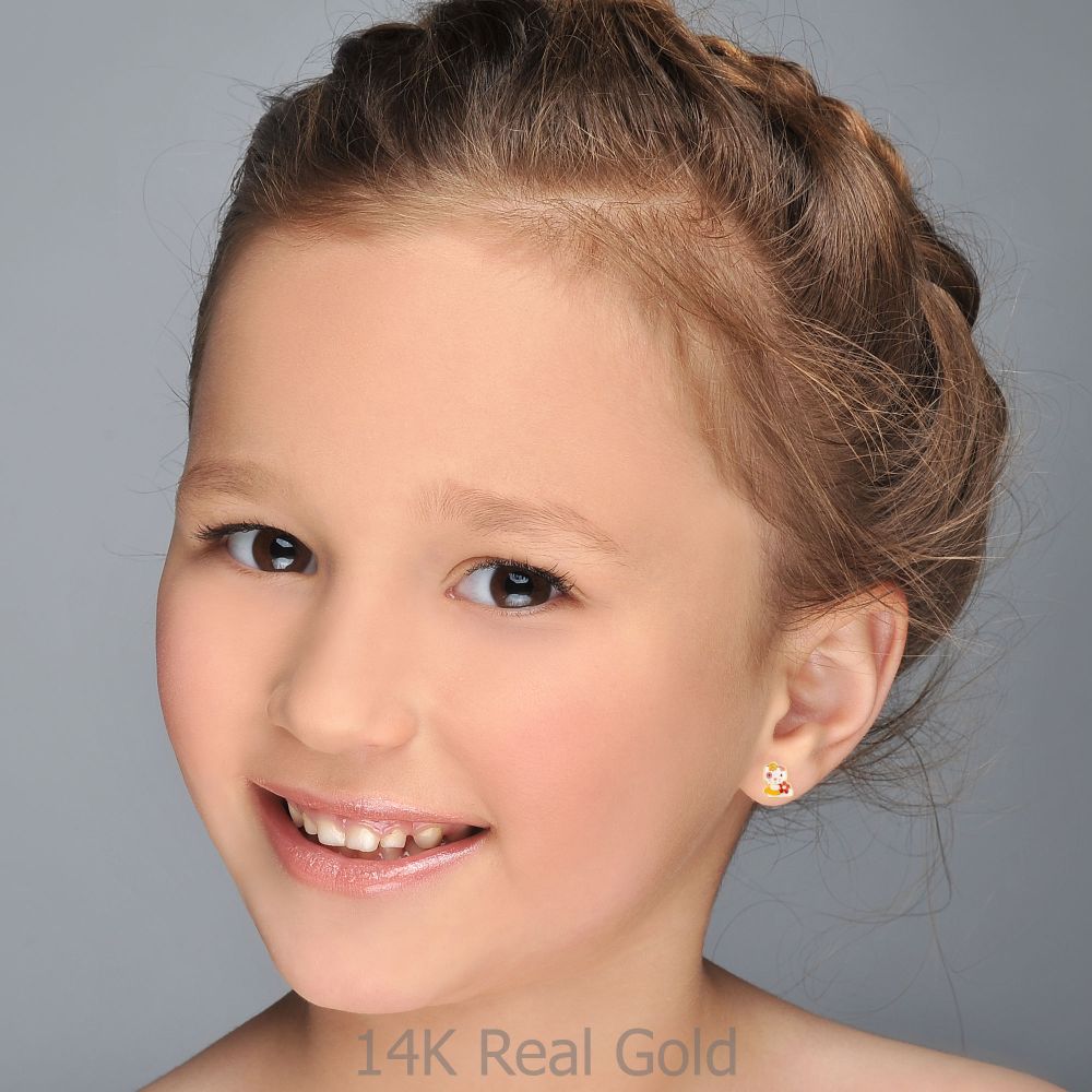 תכשיטים מזהב לילדות | עגילים צמודים מזהב צהוב 14 קראט - בובה אופטימית