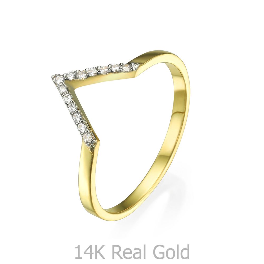תכשיטי זהב לנשים | טבעת מזהב צהוב 14 קראט - וי קטן עם זירקונים