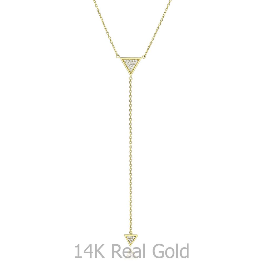 תכשיטי זהב לנשים | שרשרת ותליון מזהב צהוב 14 קראט - פירמידות תלויות