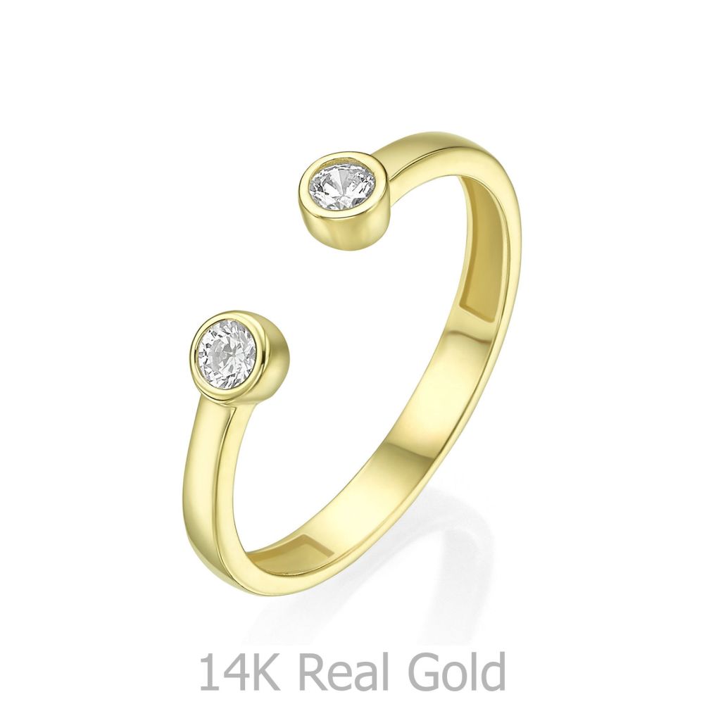 תכשיטי זהב לנשים | טבעת פתוחה מזהב צהוב  14 קראט -  עיגולי טל מנצנצים