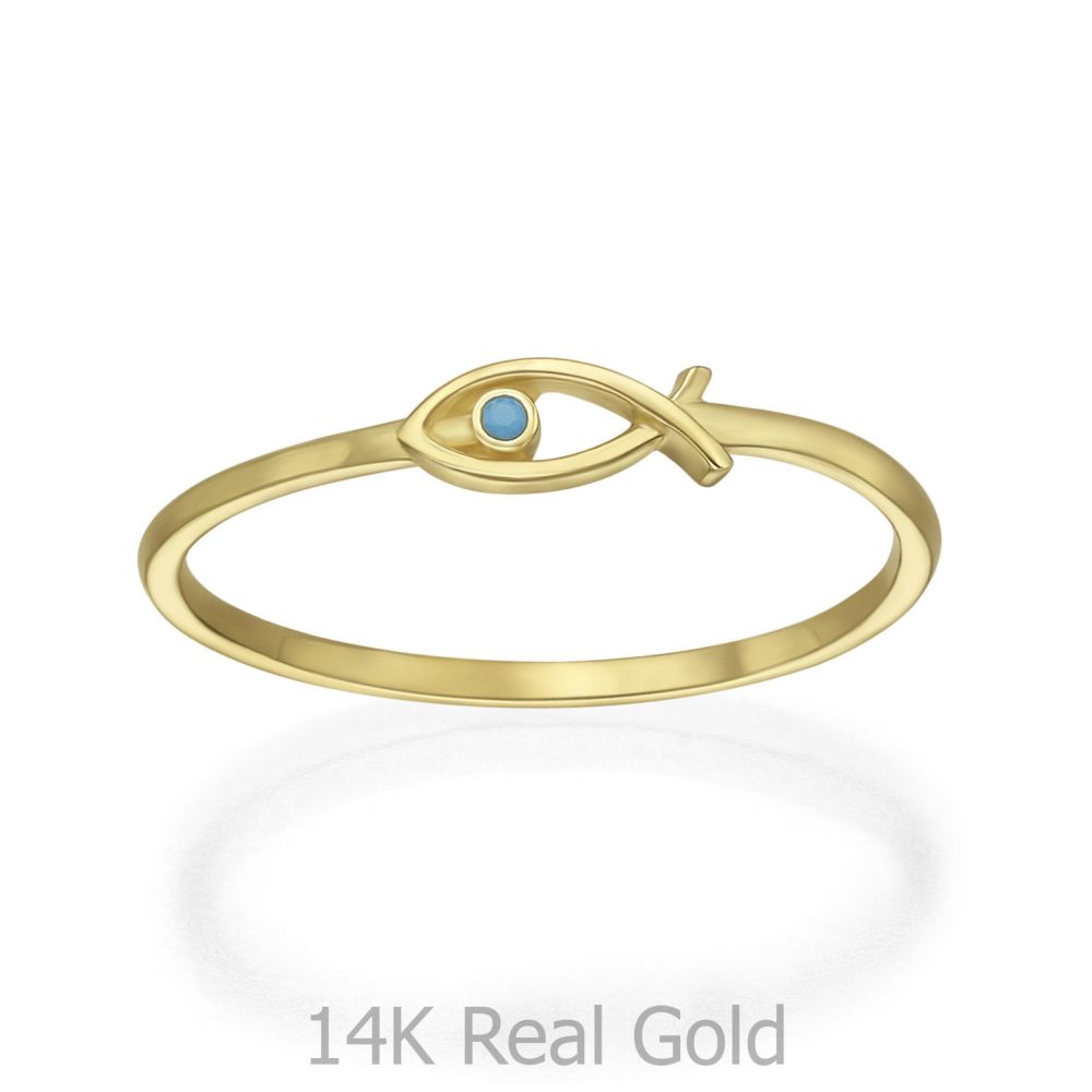 טבעות זהב | טבעת לנשים מזהב צהוב 14 קראט - דג זהב עין כחולה