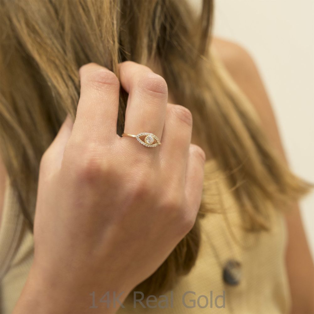תכשיטי זהב לנשים | טבעת מזהב צהוב 14 קראט - עין מנצנצת