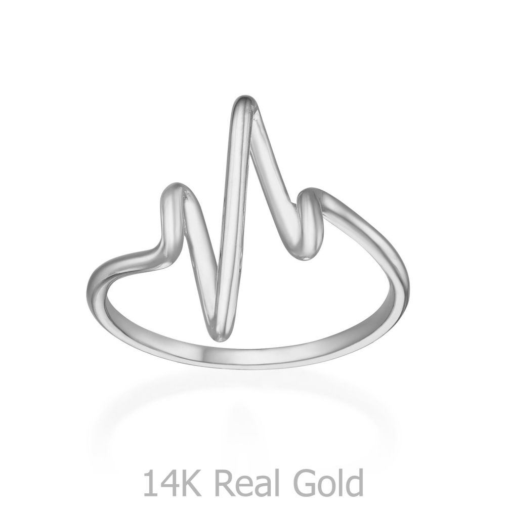 תכשיטי זהב לנשים | טבעת מזהב לבן 14 קראט - פעימות לב