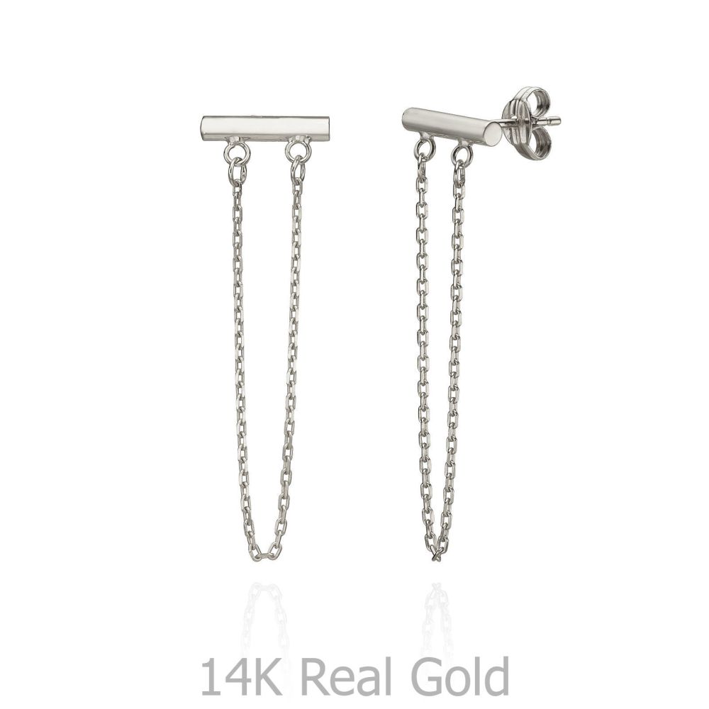 תכשיטי זהב לנשים | עגילים צמודים ארוכים מזהב לבן 14 קראט - מושכות הזהב