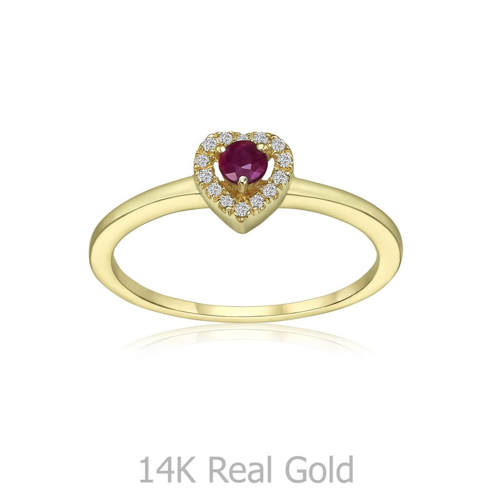 תכשיטי יהלומים | טבעת רובי ויהלומים  מזהב צהוב 14 קראט - לב רויאל