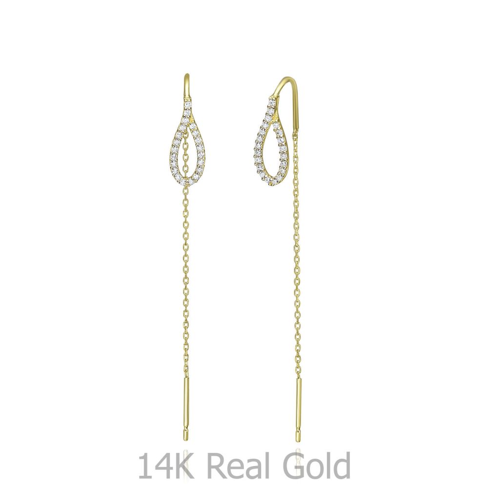 תכשיטי זהב לנשים | עגילים תלויים מזהב צהוב 14 קראט - טיפה מנצנצת