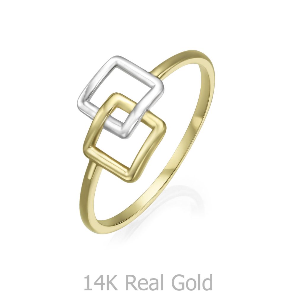 תכשיטי זהב לנשים | טבעת מזהב צהוב ולבן 14 קראט - ריבועי אליס