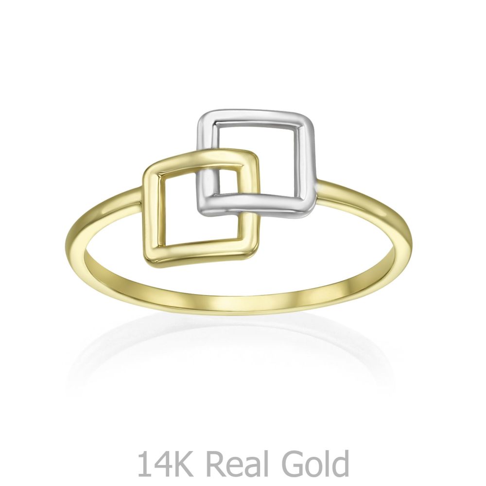 תכשיטי זהב לנשים | טבעת מזהב צהוב ולבן 14 קראט - ריבועי אליס