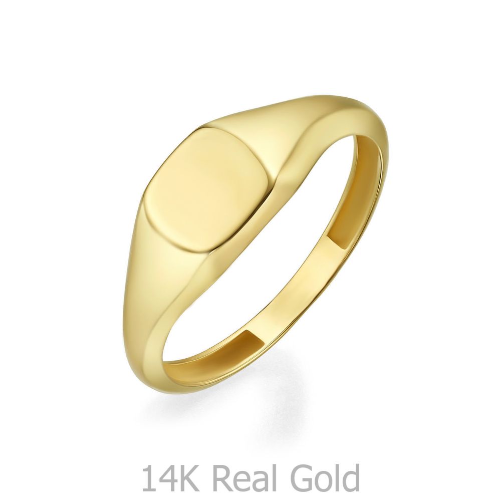 תכשיטי זהב לנשים | טבעת מזהב צהוב 14 קראט - חותם ריבועי מבריק