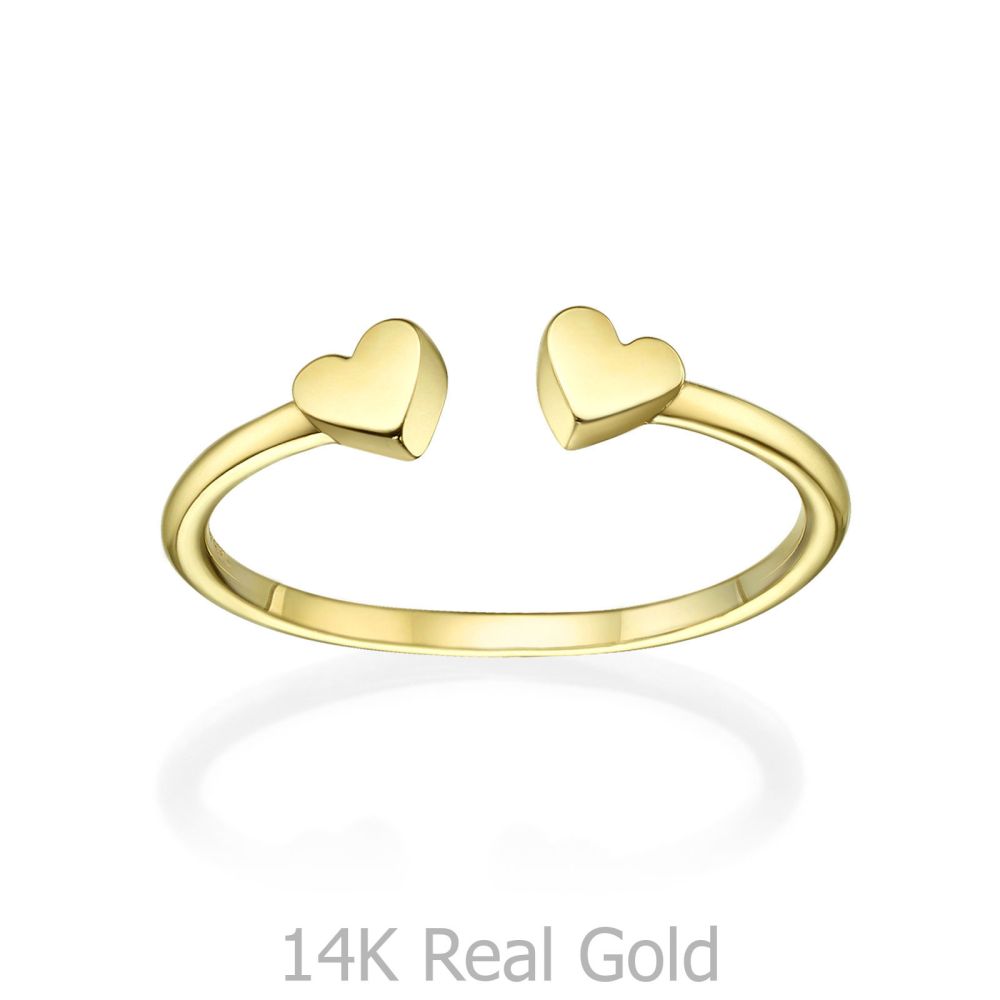 תכשיטי זהב לנשים | טבעת פתוחה מזהב צהוב 14 קראט - שני לבבות