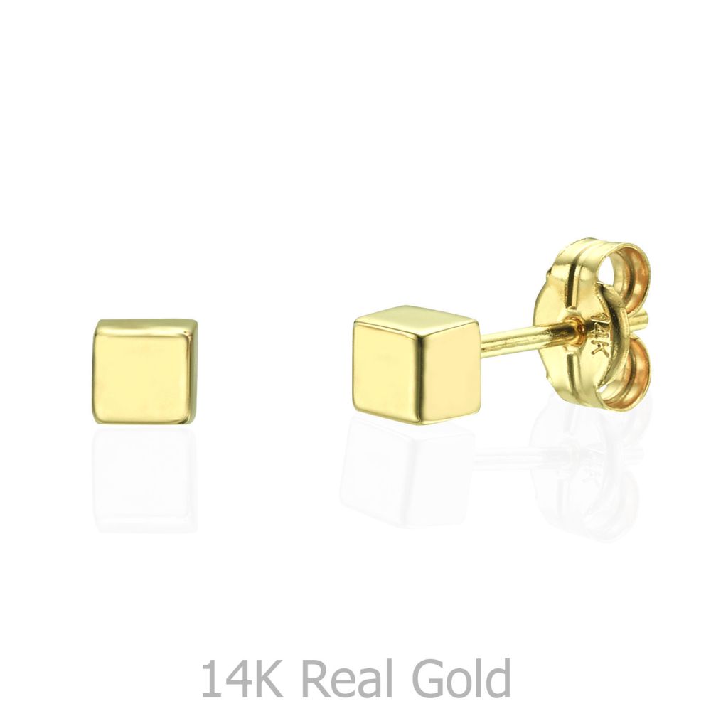 תכשיטי זהב לנשים | עגילים צמודים מזהב צהוב 14 קראט - קוביית הזהב - קטן