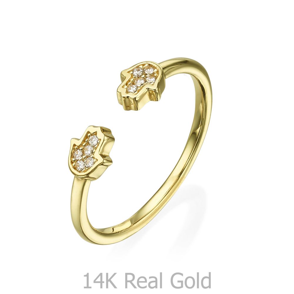 תכשיטי זהב לנשים | טבעת פתוחה מזהב צהוב 14 קראט - חמסה נוצצת