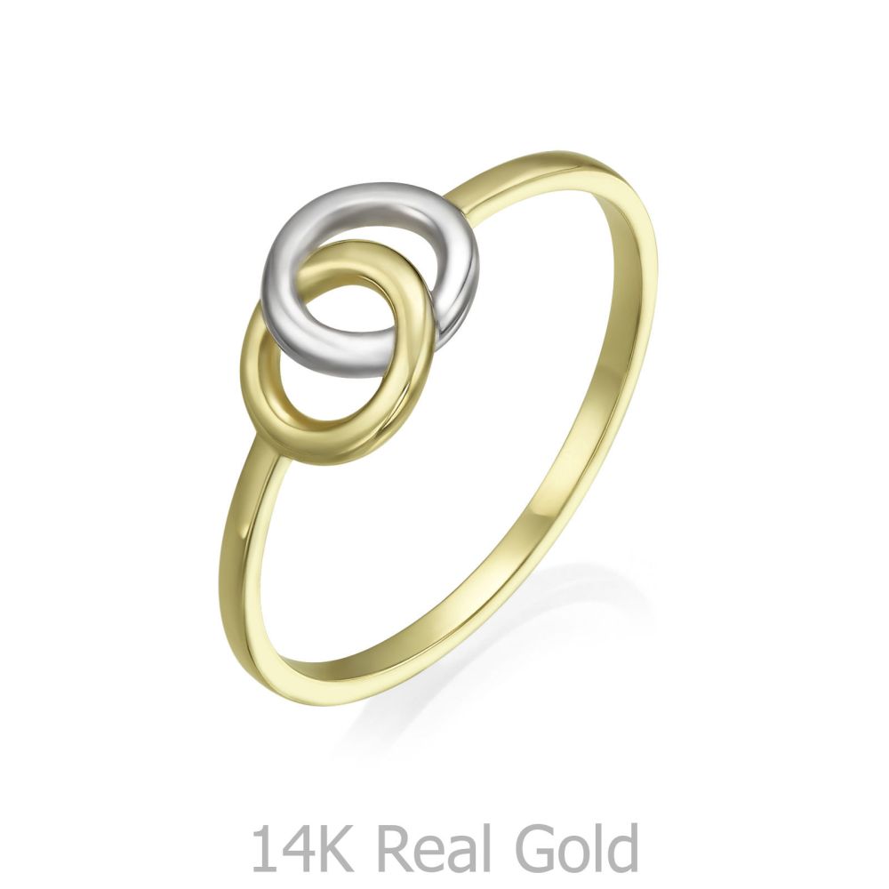 תכשיטי זהב לנשים | טבעת מזהב צהוב ולבן 14 קראט - עיגולי ג'ין