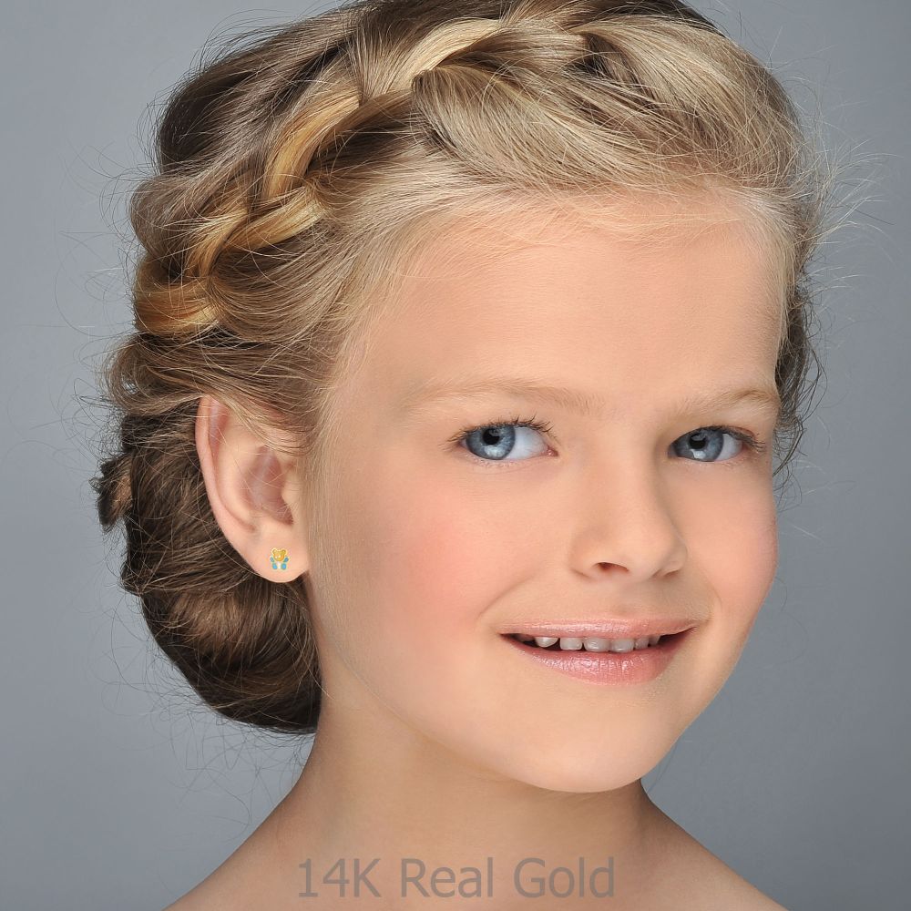 תכשיטים מזהב לילדות | עגילים צמודים מזהב צהוב 14 קראט - דובי מרוצה