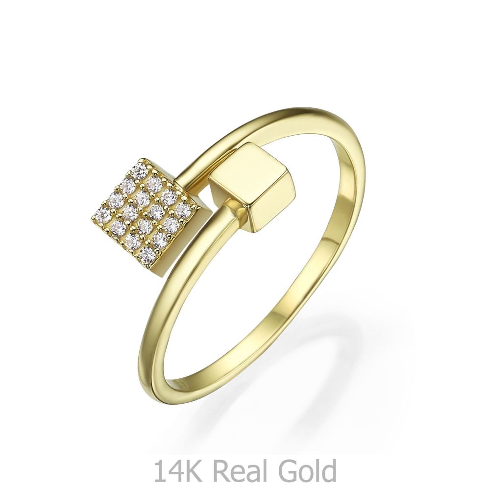תכשיטי זהב לנשים | טבעת פתוחה מזהב צהוב 14 קראט - קוביות מנצנצות