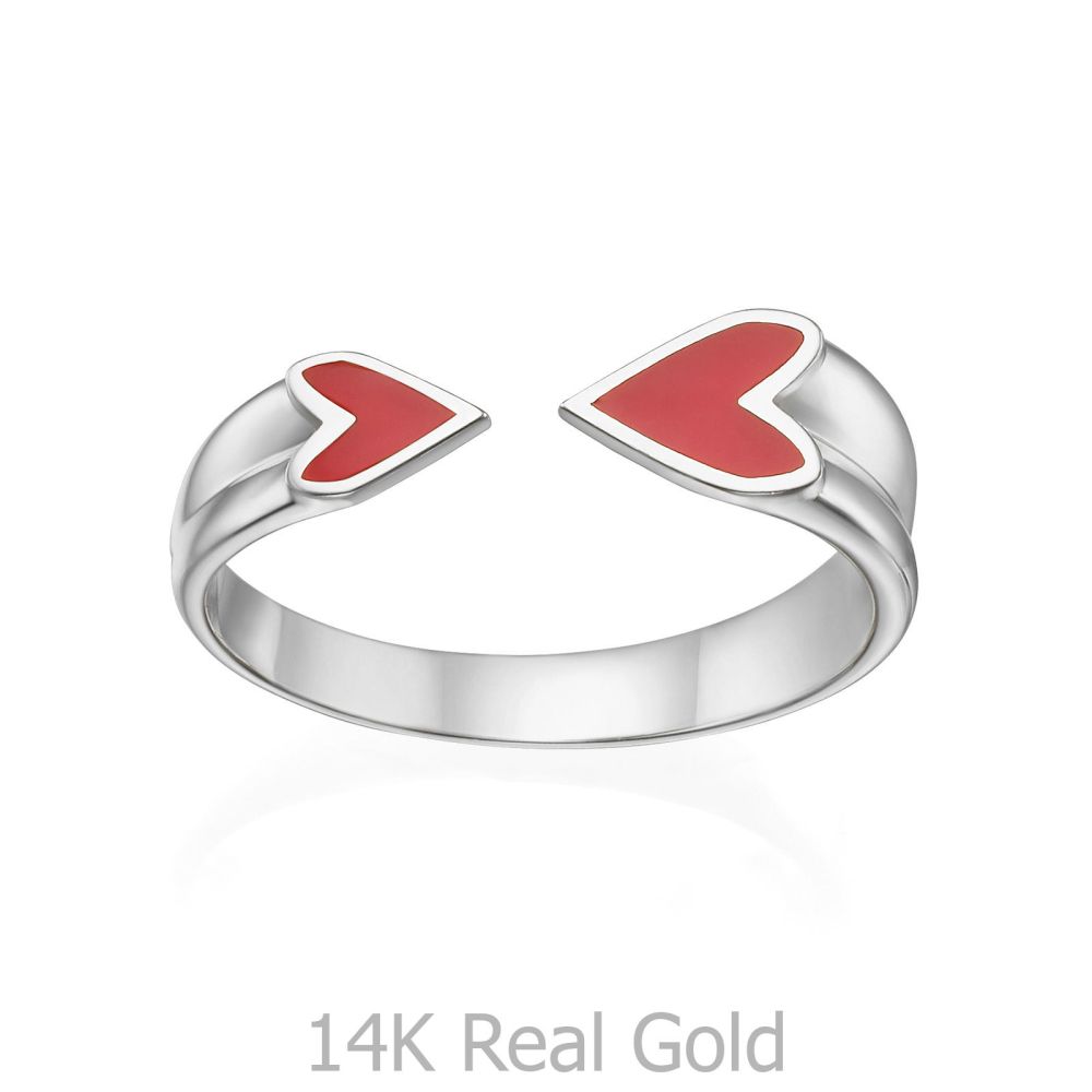 תכשיטי זהב לנשים | טבעת פתוחה מזהב לבן 14 קראט - הלב שלי (אדום)
