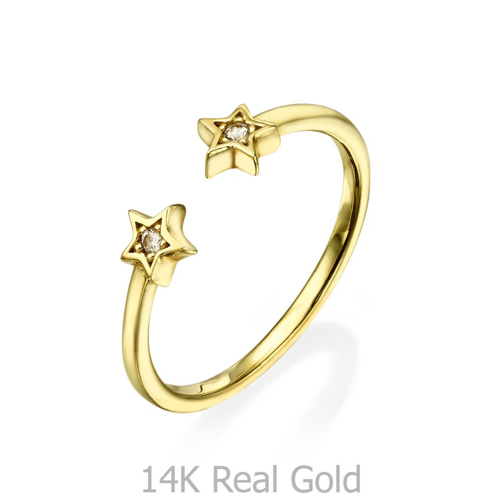 תכשיטי זהב לנשים | טבעת פתוחה מזהב צהוב 14 קראט - כוכבים נוצצים