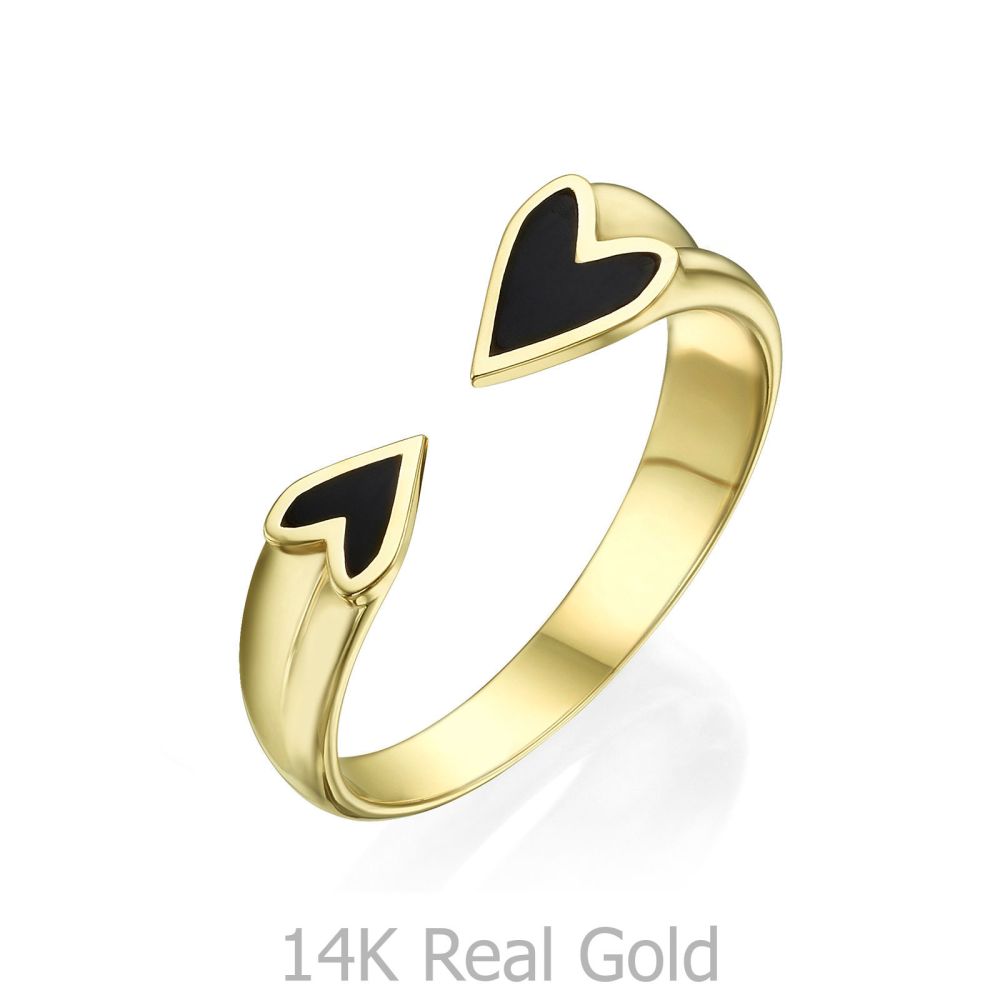 תכשיטי זהב לנשים | טבעת פתוחה מזהב צהוב 14 קראט - הלב שלי (שחור)