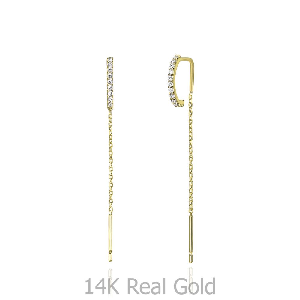 תכשיטי זהב לנשים | עגילים תלויים מזהב צהוב 14 קראט - ספיריט מנצנץ