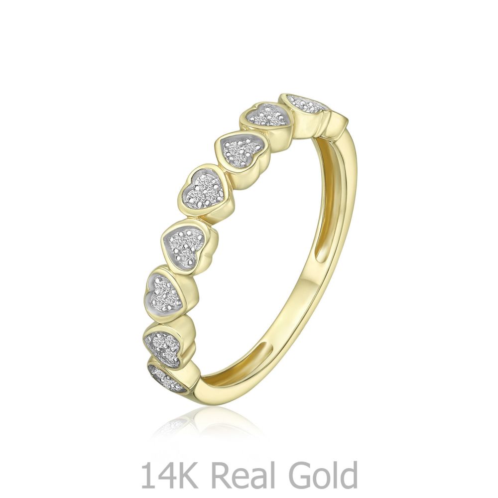 תכשיטי יהלומים | טבעת יהלומים מזהב צהוב 14 קראט - לבבות  ניקה 