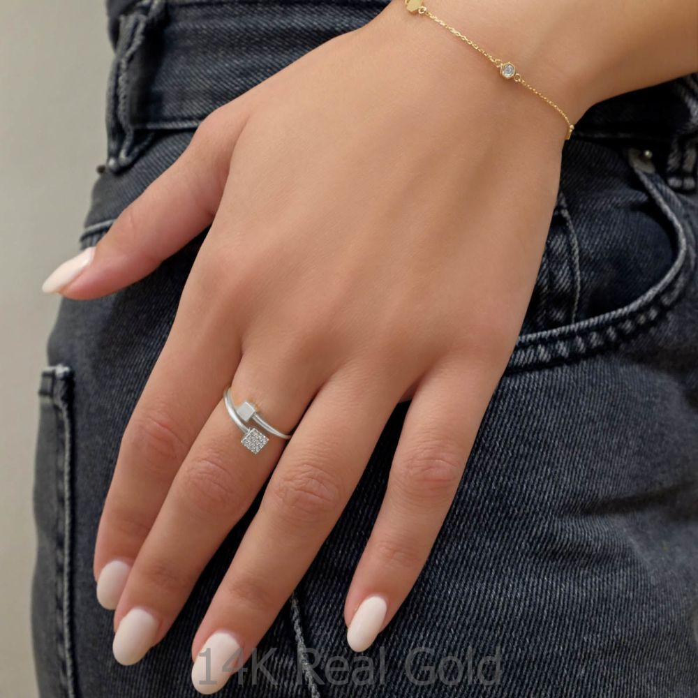 תכשיטי זהב לנשים | טבעת פתוחה מזהב לבן 14 קראט - קוביות מנצנצות
