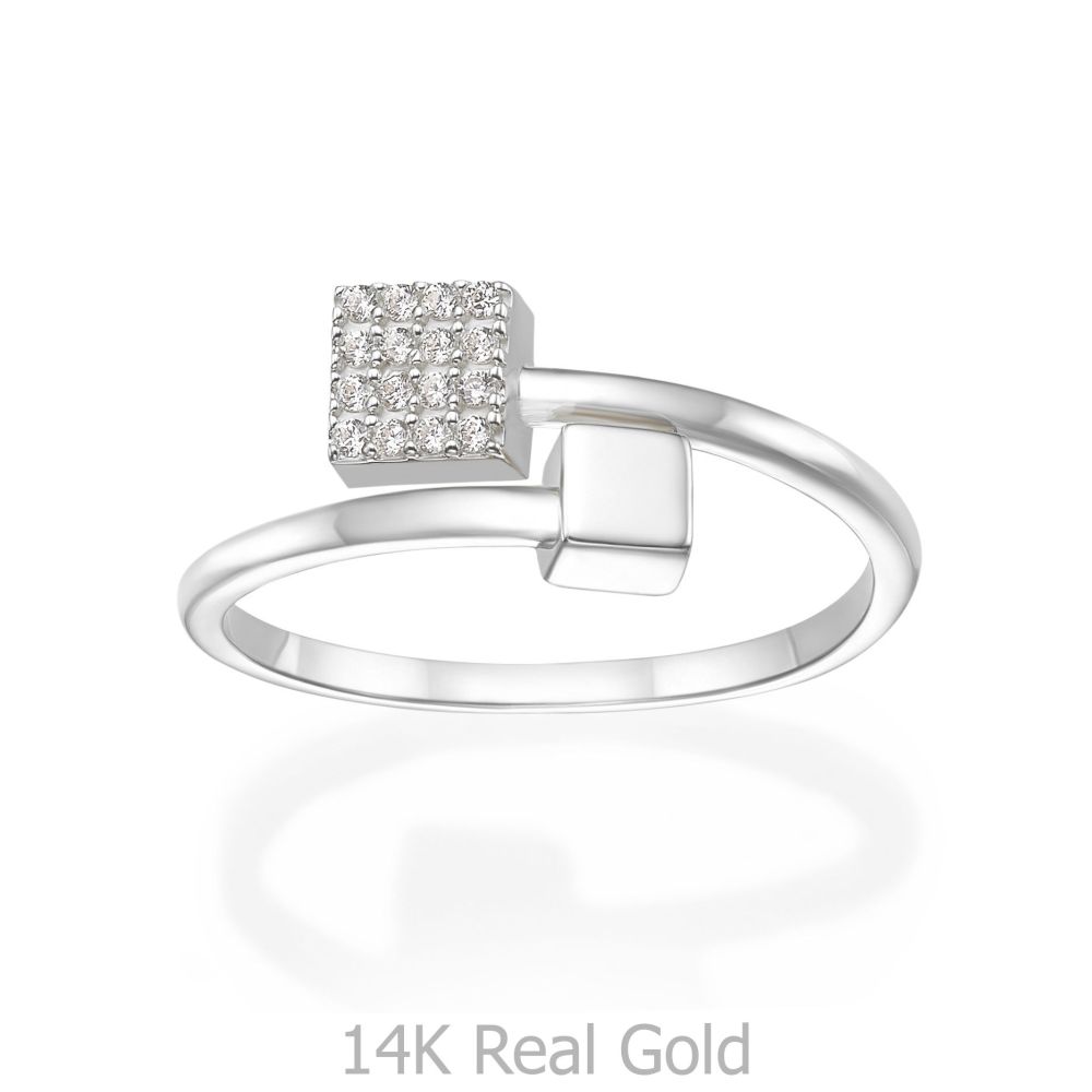 תכשיטי זהב לנשים | טבעת פתוחה מזהב לבן 14 קראט - קוביות מנצנצות