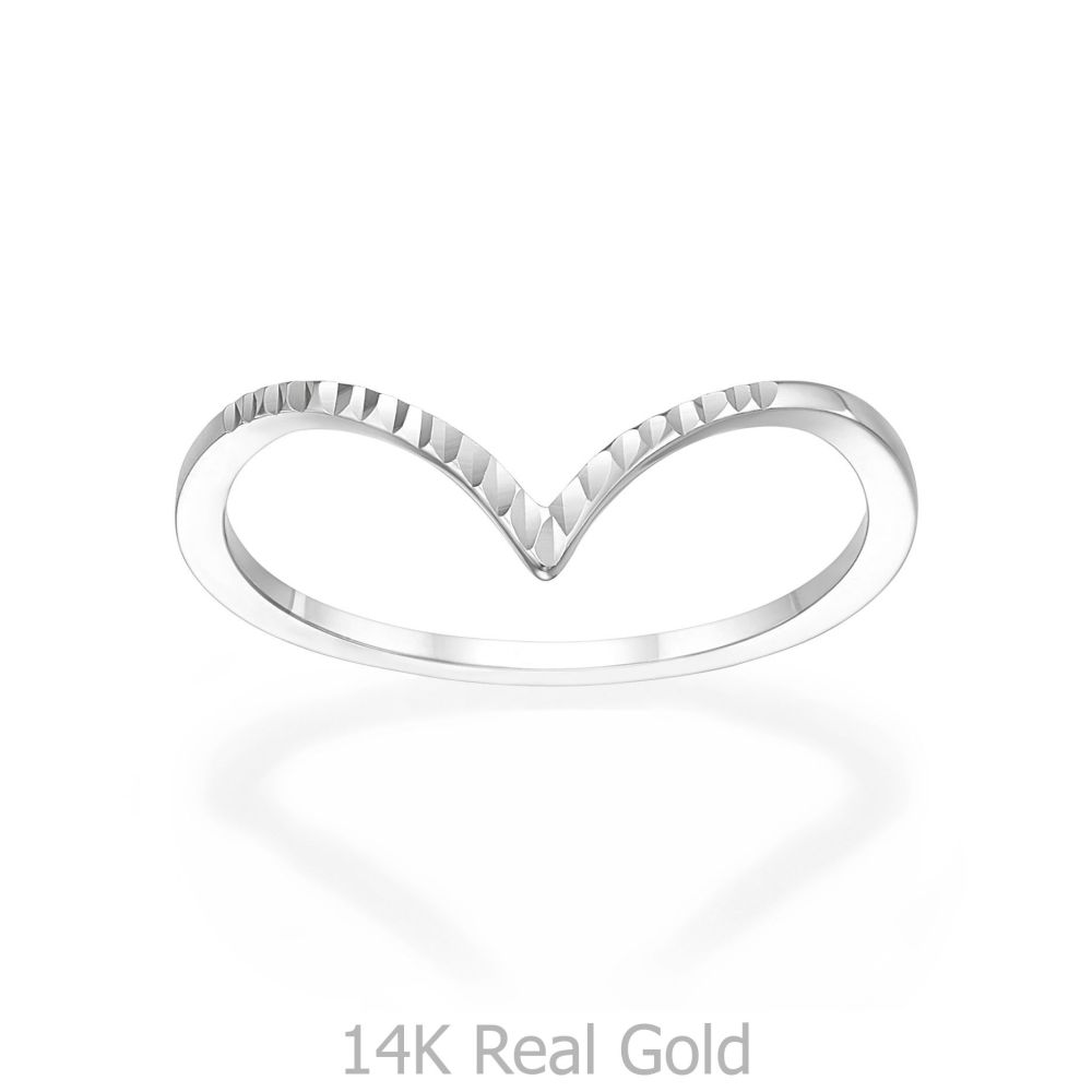 תכשיטי זהב לנשים | טבעת מזהב לבן 14 קראט -  וי מבריק