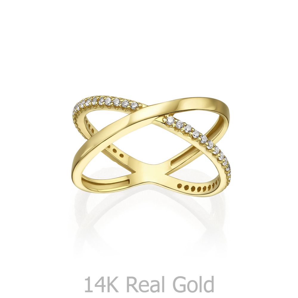 תכשיטי זהב לנשים |  טבעת איקס לאישה מזהב צהוב 14 קראט - רוקסי